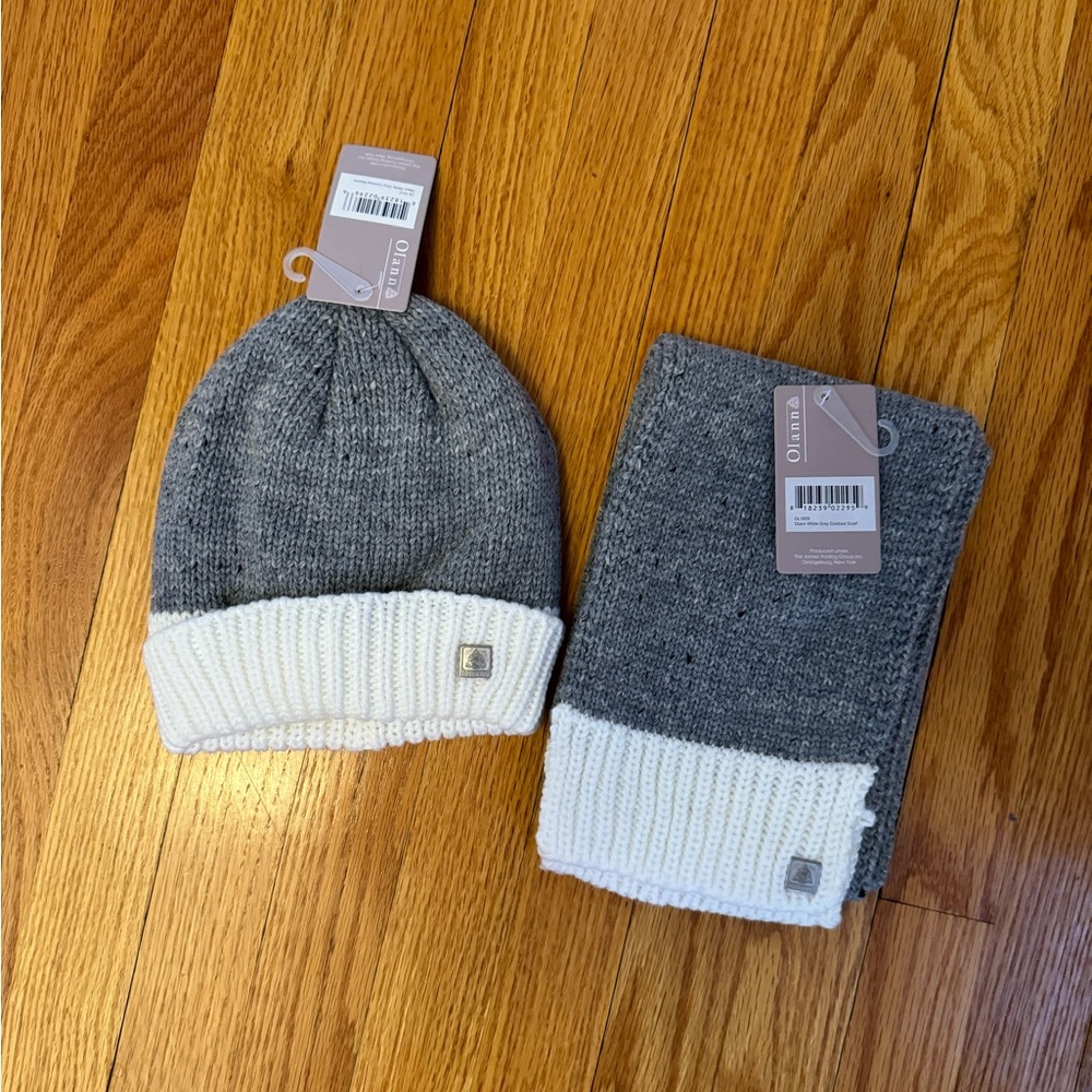 Olann Knit Beanie and Scarf White/Gray Contrast NWT **FREE SHIPPING